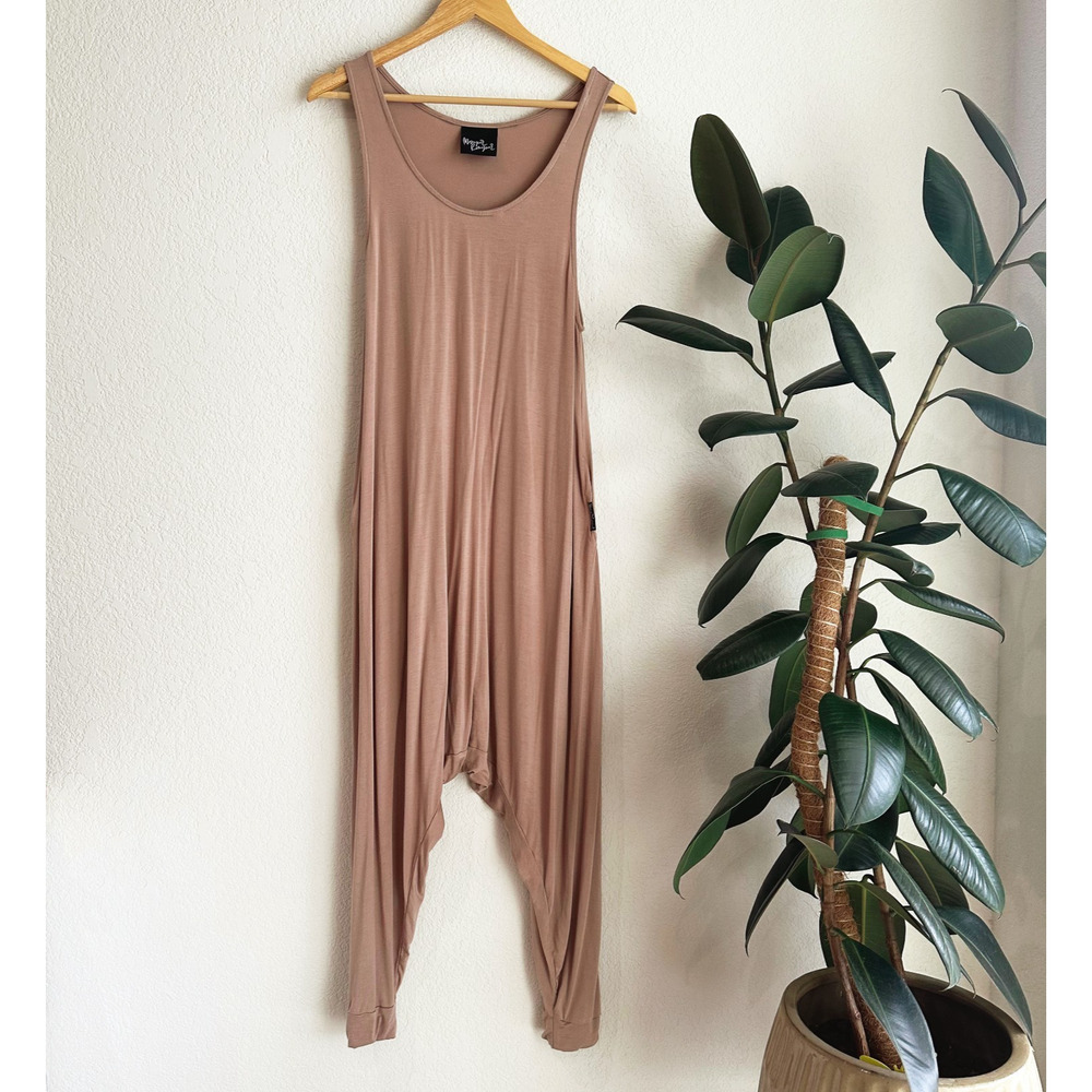 Momper Romper Harem Drop Crotch Jumpsuit XS Beige Pockets Comfort Stretch Lounge